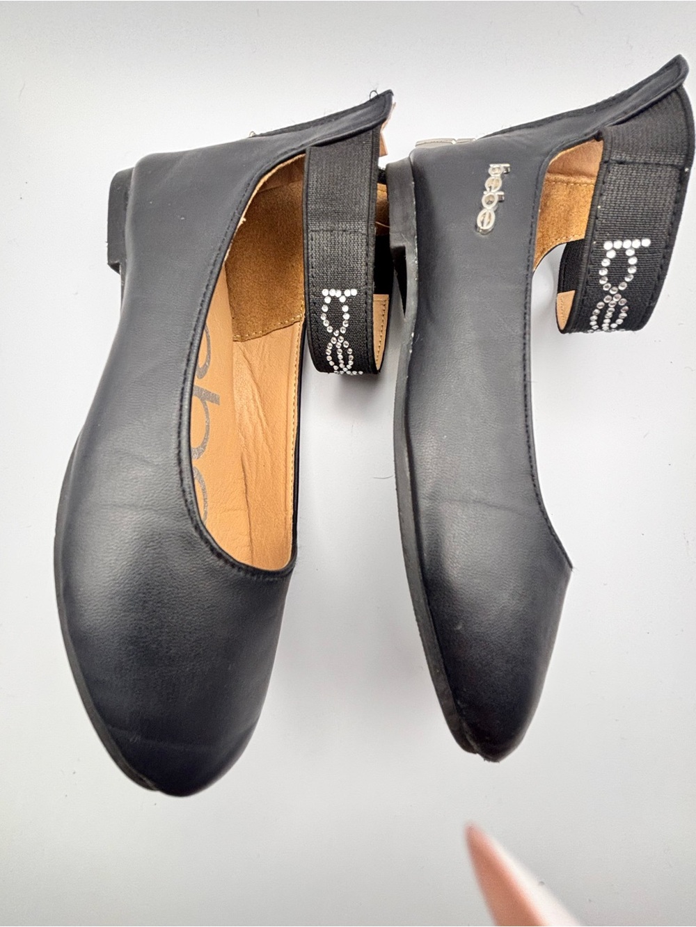 bebe Black Leather Slingback Flats with Embellished Rhinestone Logo Strap